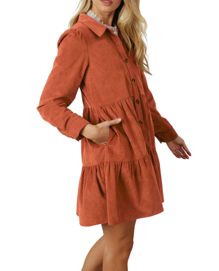 R.Vivimos Womens Fall Corduroy Dress 2024 Long Sleeve Button Down Tunic Mini Babydoll Dress with Pockets