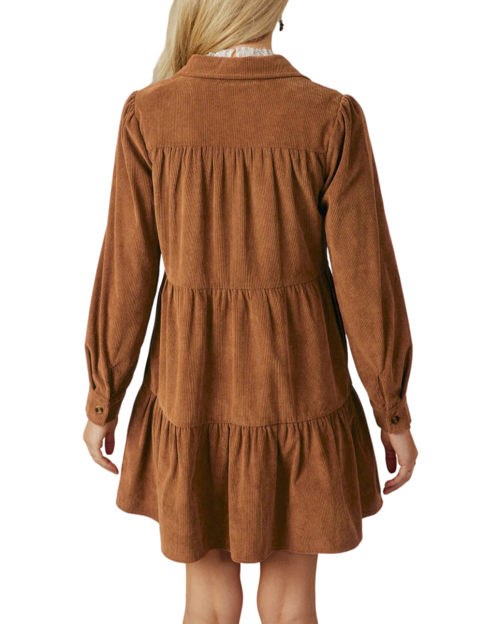 R.Vivimos Womens Fall Corduroy Dress 2024 Long Sleeve Button Down Tunic Mini Babydoll Dress with Pockets