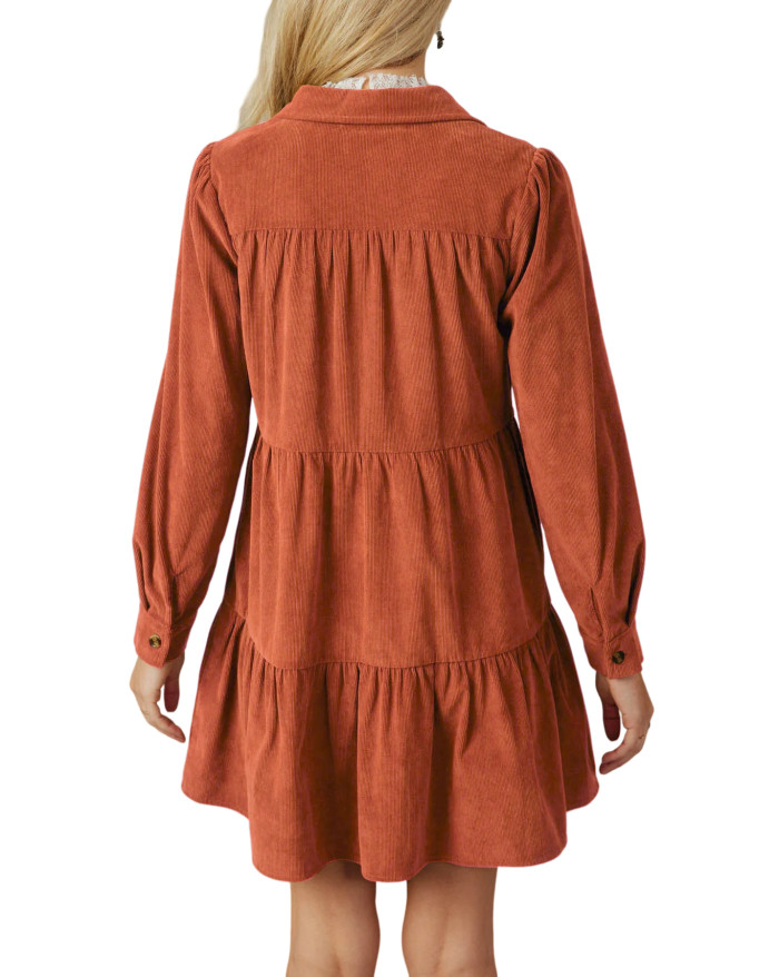 R.Vivimos Womens Fall Corduroy Dress 2024 Long Sleeve Button Down Tunic Mini Babydoll Dress with Pockets