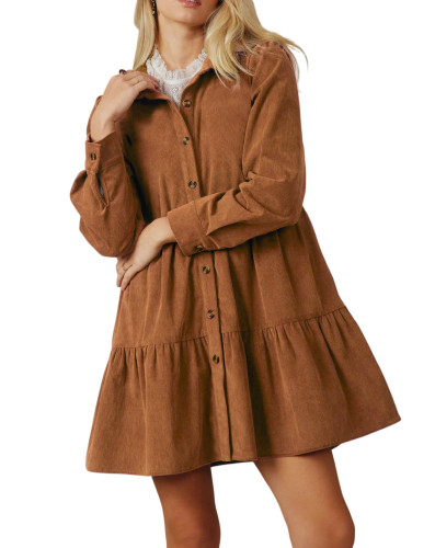 R.Vivimos Womens Fall Corduroy Dress 2024 Long Sleeve Button Down Tunic Mini Babydoll Dress with Pockets