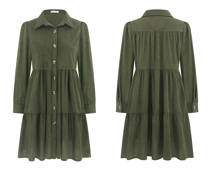 R.Vivimos Womens Fall Corduroy Dress 2024 Long Sleeve Button Down Tunic Mini Babydoll Dress with Pockets