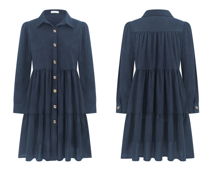 R.Vivimos Womens Fall Corduroy Dress 2024 Long Sleeve Button Down Tunic Mini Babydoll Dress with Pockets
