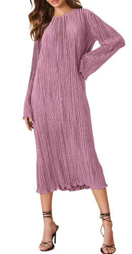 R.Vivimos Satin Elegant Midi Dresses for Women Long Sleeve Pleated Loose Silky Cocktail Wedding Guest Evening Party Dresses