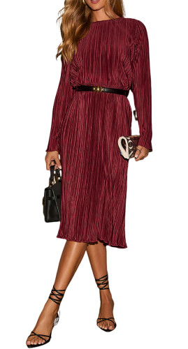 R.Vivimos Satin Elegant Midi Dresses for Women Long Sleeve Pleated Loose Silky Cocktail Wedding Guest Evening Party Dresses