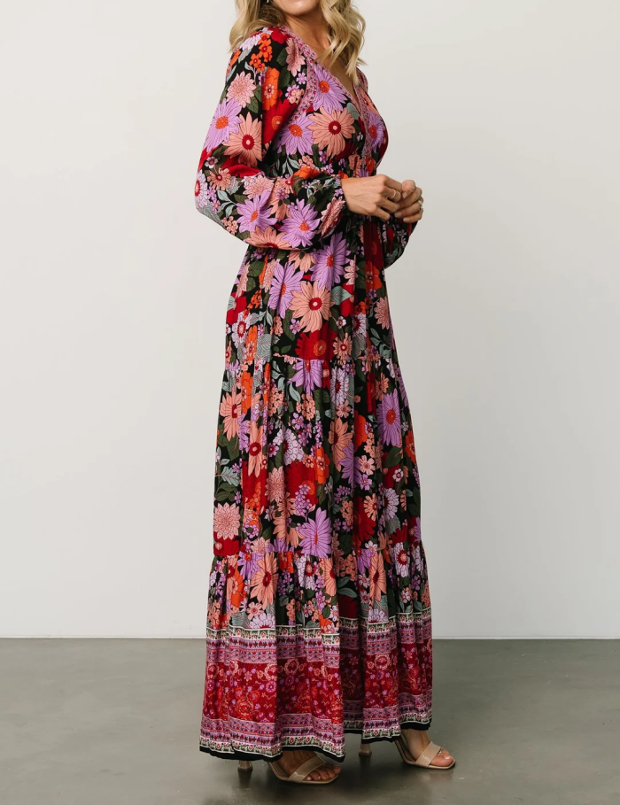R.Vivimos Women's Boho Floral Print Maxi Dress V Neck Long Sleeve Elastic Waist Casual Flowy Slit Long Sundress