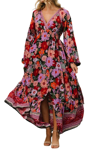 R.Vivimos Women's Boho Floral Print Maxi Dress V Neck Long Sleeve Elastic Waist Casual Flowy Slit Long Sundress