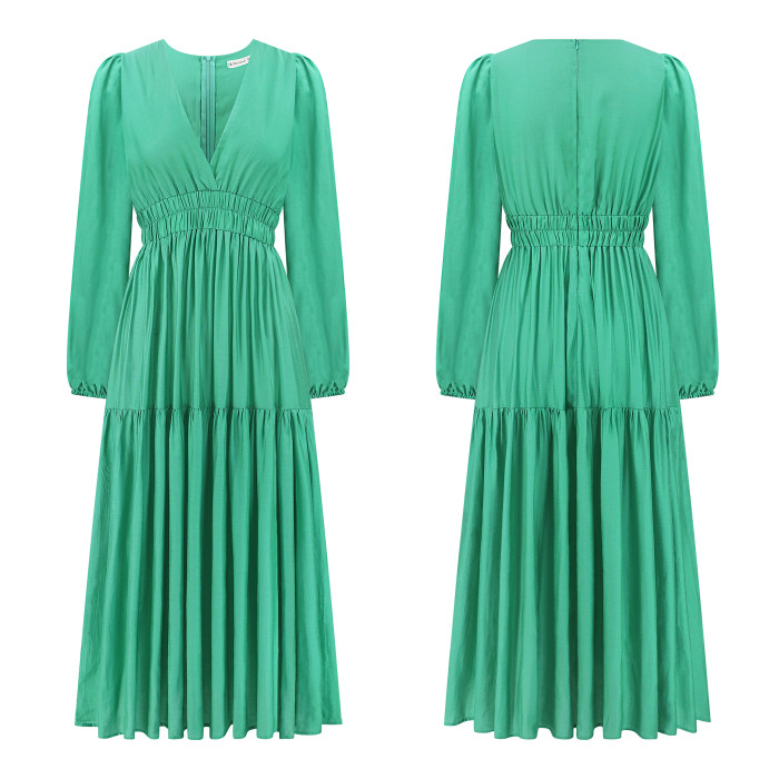 R.Vivimos Womens Casual Long Sleeve Midi Dress Deep V Neck Elastic Waist A-Line Tiered Flowy Elegant Dresses