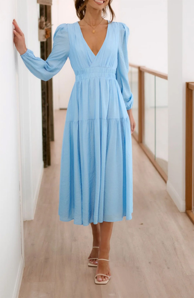 R.Vivimos Womens Casual Long Sleeve Midi Dress Deep V Neck Elastic Waist A-Line Tiered Flowy Elegant Dresses