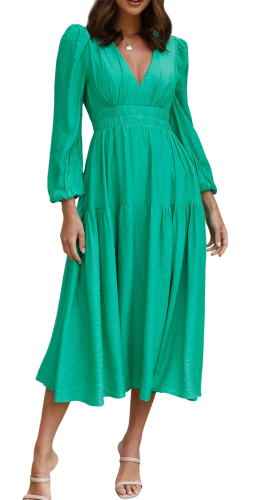 R.Vivimos Womens Casual Long Sleeve Midi Dress Deep V Neck Elastic Waist A-Line Tiered Flowy Elegant Dresses