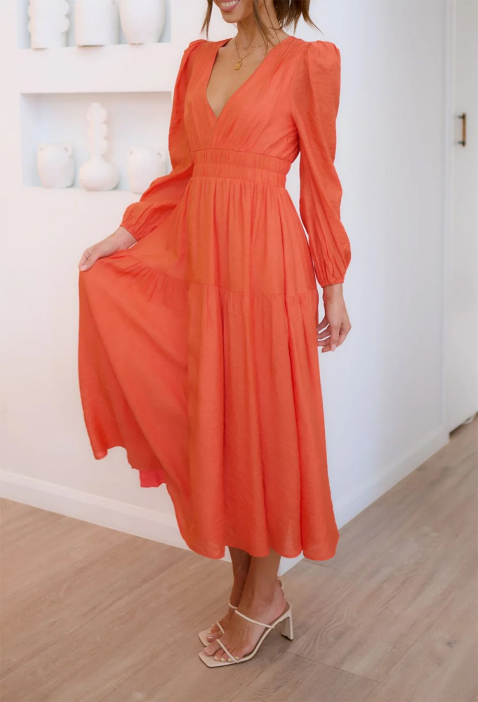 R.Vivimos Womens Casual Long Sleeve Midi Dress Deep V Neck Elastic Waist A-Line Tiered Flowy Elegant Dresses
