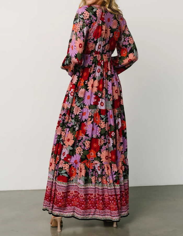 R.Vivimos Women's Boho Floral Print Maxi Dress V Neck Long Sleeve Elastic Waist Casual Flowy Slit Long Sundress
