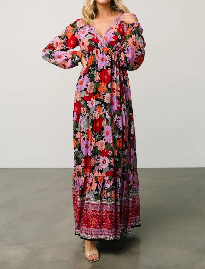 R.Vivimos Women's Boho Floral Print Maxi Dress V Neck Long Sleeve Elastic Waist Casual Flowy Slit Long Sundress