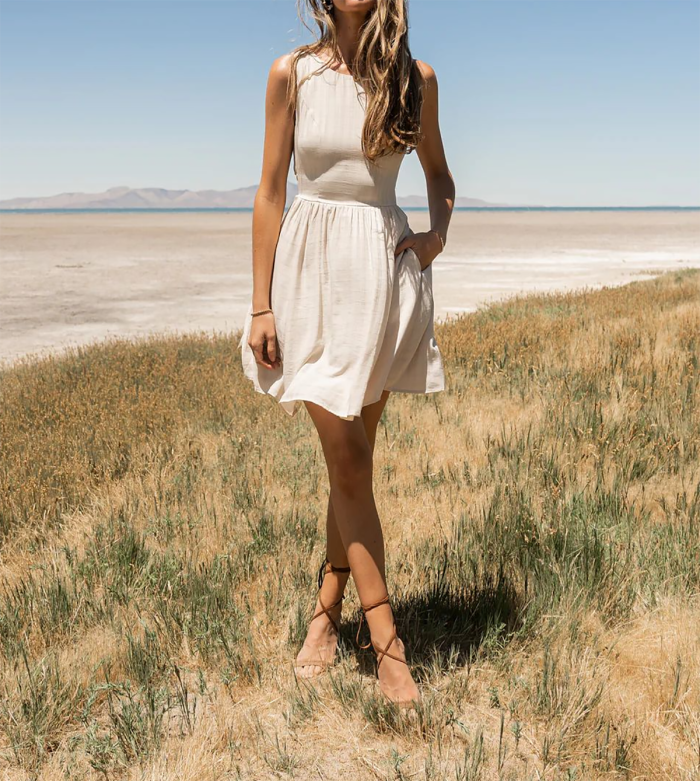 R.Vivimos Womens Summer Sleeveless Back Cross Wrap Lace Up Slim Fit Backless A-Line Mini Skater Dress with Pockets