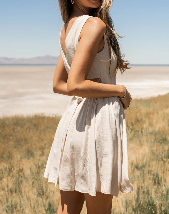 R.Vivimos Womens Summer Sleeveless Back Cross Wrap Lace Up Slim Fit Backless A-Line Mini Skater Dress with Pockets