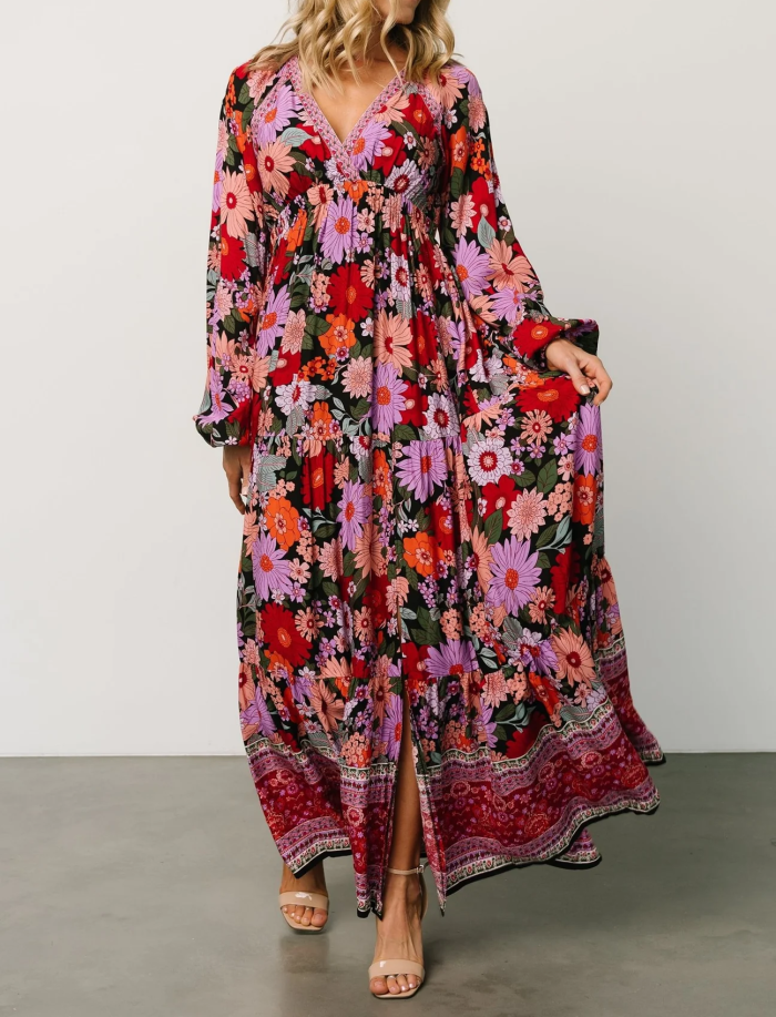 R.Vivimos Women's Boho Floral Print Maxi Dress V Neck Long Sleeve Elastic Waist Casual Flowy Slit Long Sundress