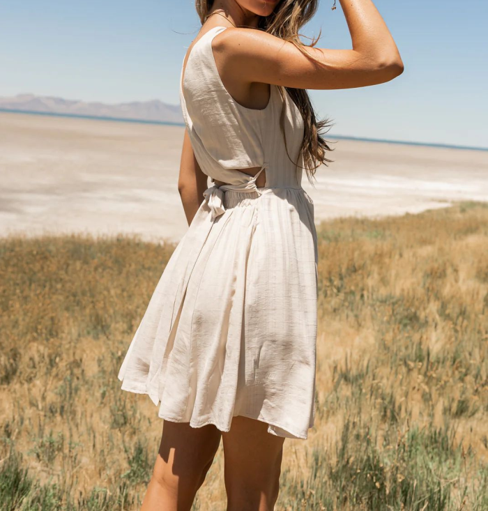 R.Vivimos Womens Summer Sleeveless Back Cross Wrap Lace Up Slim Fit Backless A-Line Mini Skater Dress with Pockets