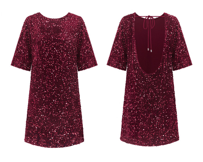 R.Vivimos Women's Sparkly Sequin Party Dress Fall Winter Short Sleeve Crew Neck Velvet Loose Elegant Backless Mini Dress