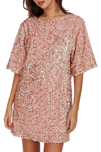 R.Vivimos Women's Sparkly Sequin Party Dress Fall Winter Short Sleeve Crew Neck Velvet Loose Elegant Backless Mini Dress
