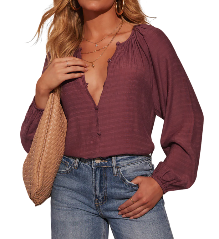 R.Vivimos Fall Summer Tops for Women Long Sleeve Button Up Henley V Neck Casual Loose Dressy Blouses