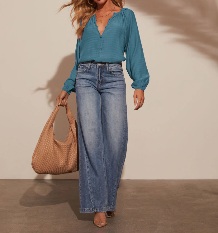R.Vivimos Fall Summer Tops for Women Long Sleeve Button Up Henley V Neck Casual Loose Dressy Blouses