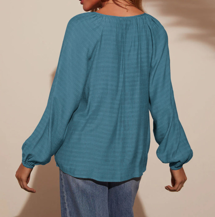 R.Vivimos Fall Summer Tops for Women Long Sleeve Button Up Henley V Neck Casual Loose Dressy Blouses
