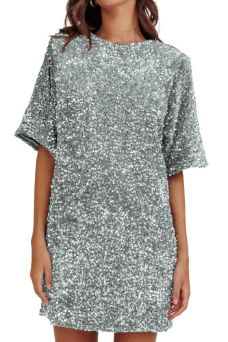 R.Vivimos Women's Sparkly Sequin Party Dress Fall Winter Short Sleeve Crew Neck Velvet Loose Elegant Backless Mini Dress
