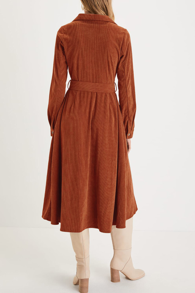 R.Vivimos Womens Fall Winter Corduroy Midi Dress Long Sleeve V Neck Button Down Belted Flowy Shirt Dress with Pockets