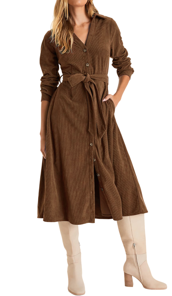 R.Vivimos Womens Fall Winter Corduroy Midi Dress Long Sleeve V Neck Button Down Belted Flowy Shirt Dress with Pockets