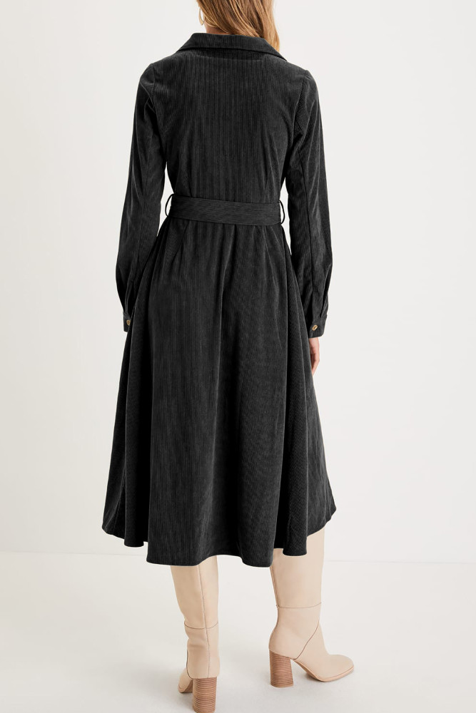 R.Vivimos Womens Fall Winter Corduroy Midi Dress Long Sleeve V Neck Button Down Belted Flowy Shirt Dress with Pockets