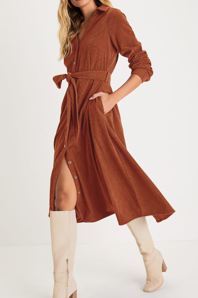 R.Vivimos Womens Fall Winter Corduroy Midi Dress Long Sleeve V Neck Button Down Belted Flowy Shirt Dress with Pockets
