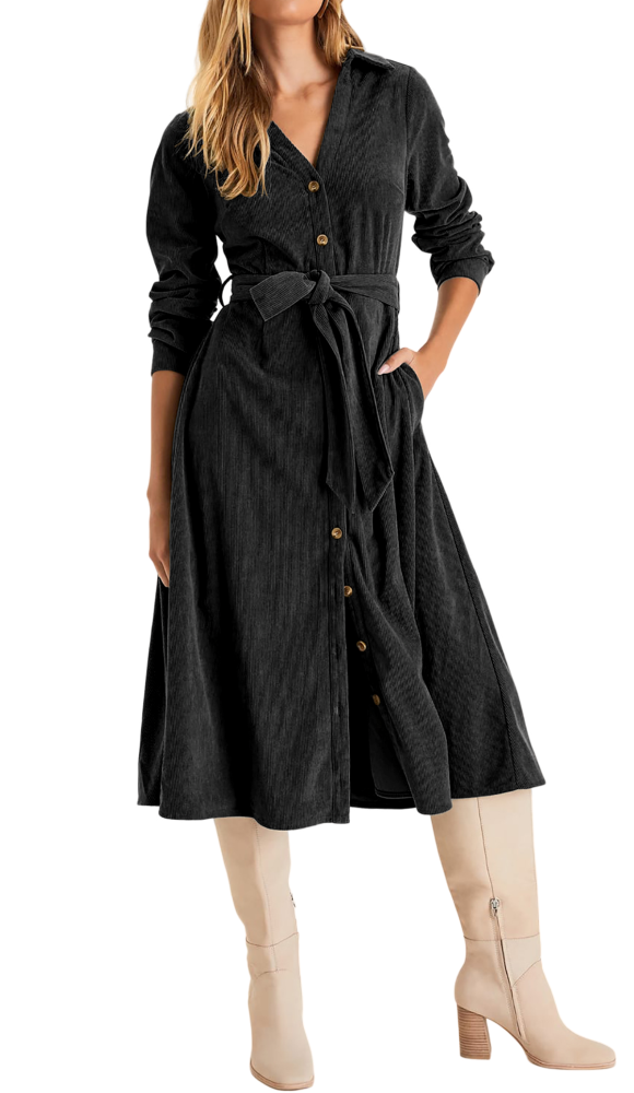 R.Vivimos Womens Fall Winter Corduroy Midi Dress Long Sleeve V Neck Button Down Belted Flowy Shirt Dress with Pockets