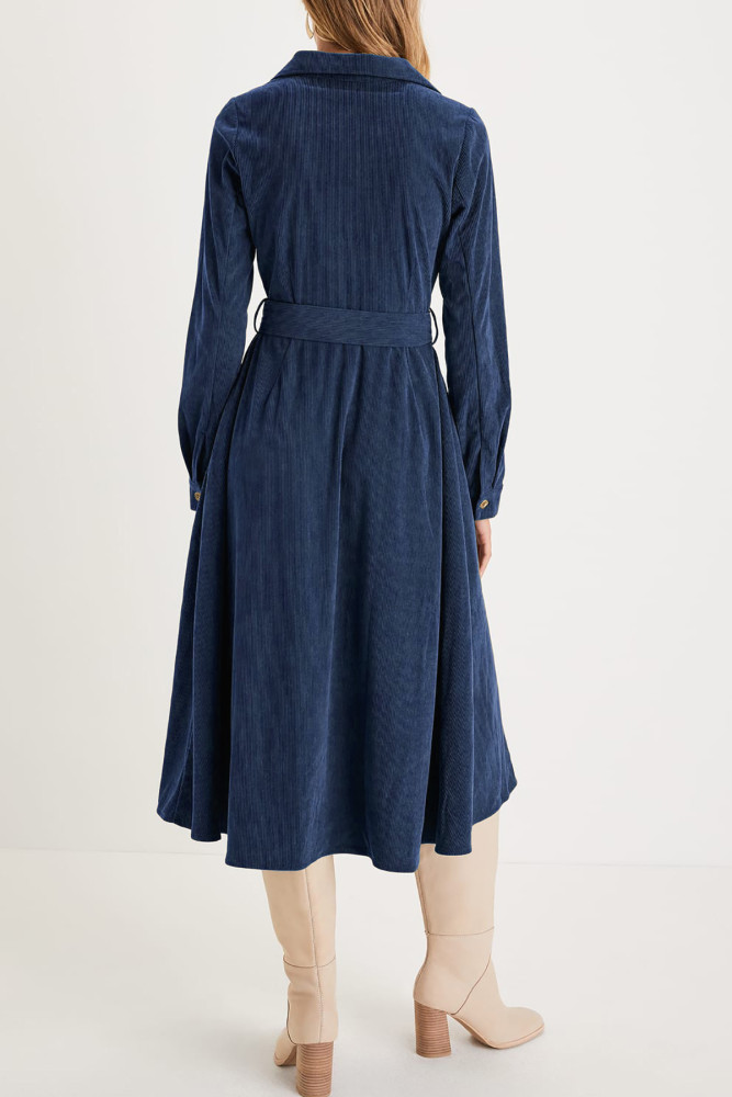 R.Vivimos Womens Fall Winter Corduroy Midi Dress Long Sleeve V Neck Button Down Belted Flowy Shirt Dress with Pockets