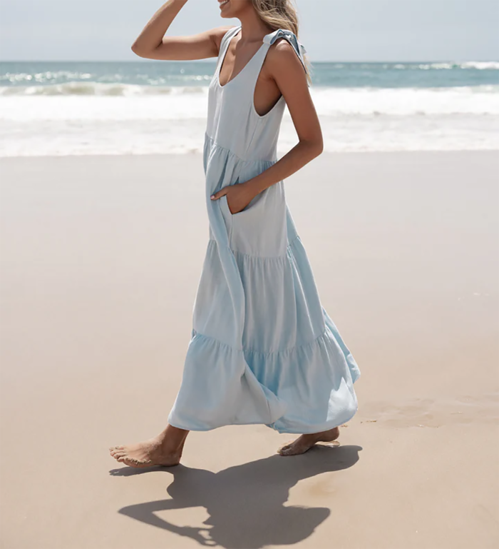 R.Vivimos Women's Summer Casual Beach Midi Dress Cotton Linen Sleeveless Adjustable Straps Tiered Flowy Dresses with Pockets
