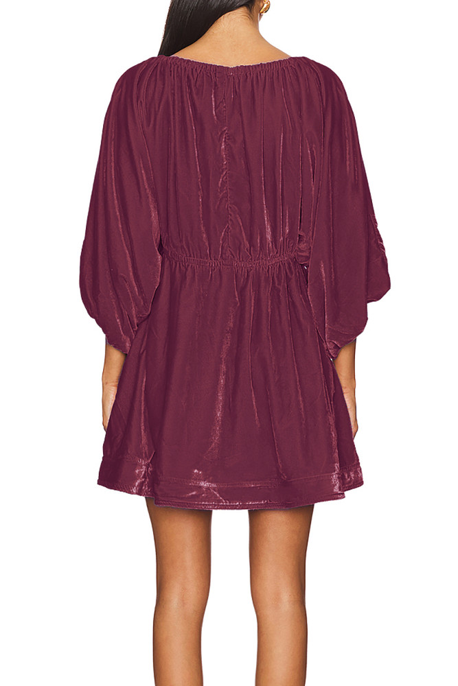 R.Vivimos Womens Fall Velvet Tunic Dress 2024 Trendy Sexy Deep V Neck 3/4 Sleeve Elastic Waist Loose Mini Dress with Pockets