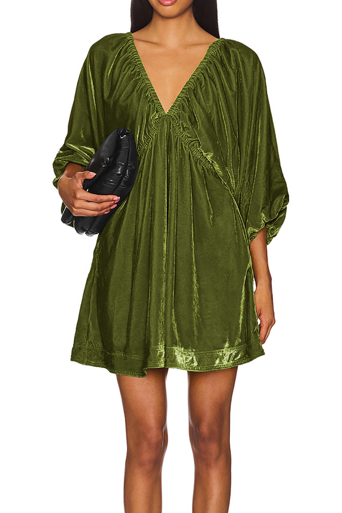 R.Vivimos Womens Fall Velvet Tunic Dress 2024 Trendy Sexy Deep V Neck 3/4 Sleeve Elastic Waist Loose Mini Dress with Pockets