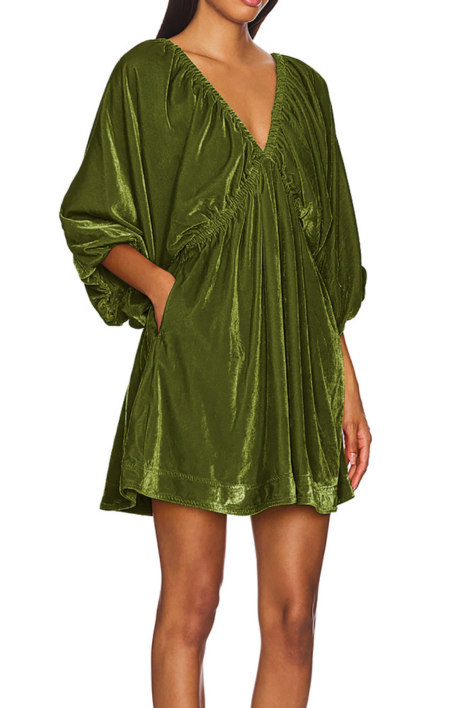 R.Vivimos Womens Fall Velvet Tunic Dress 2024 Trendy Sexy Deep V Neck 3/4 Sleeve Elastic Waist Loose Mini Dress with Pockets