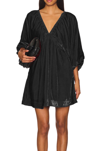 R.Vivimos Womens Fall Velvet Tunic Dress 2024 Trendy Sexy Deep V Neck 3/4 Sleeve Elastic Waist Loose Mini Dress with Pockets