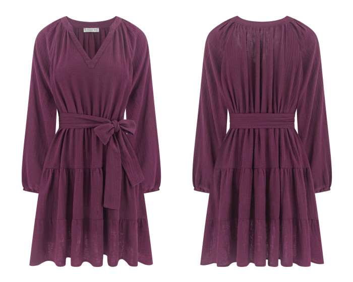 R.Vivimos Long Sleeve Cotton Dresses for Women Fall Casual V Neck A-Line Tiered Mini Spring Dresses with Belt