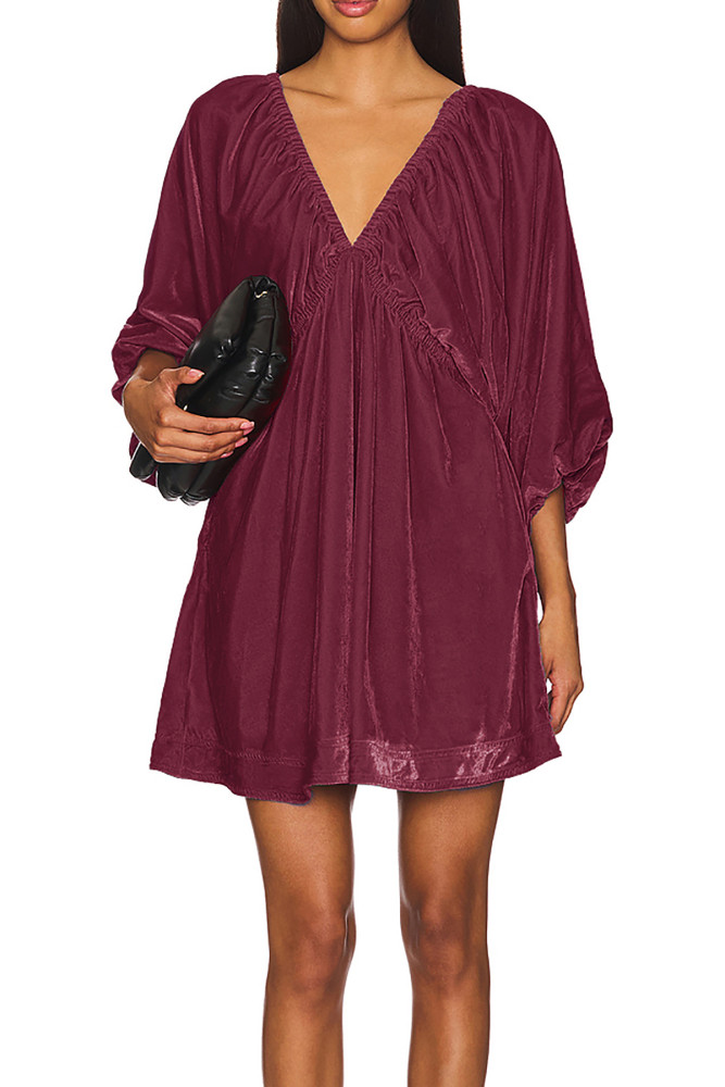 R.Vivimos Womens Fall Velvet Tunic Dress 2024 Trendy Sexy Deep V Neck 3/4 Sleeve Elastic Waist Loose Mini Dress with Pockets