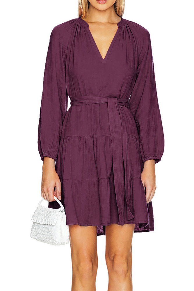 R.Vivimos Long Sleeve Cotton Dresses for Women Fall Casual V Neck A-Line Tiered Mini Spring Dresses with Belt