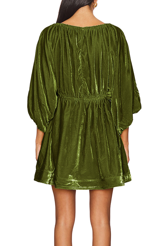 R.Vivimos Womens Fall Velvet Tunic Dress 2024 Trendy Sexy Deep V Neck 3/4 Sleeve Elastic Waist Loose Mini Dress with Pockets