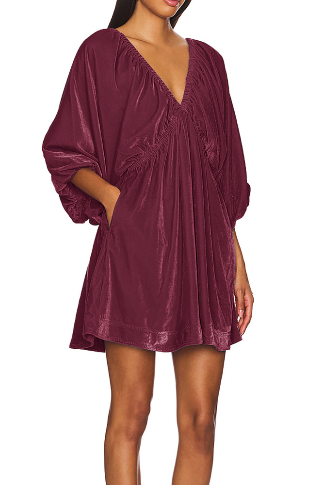 R.Vivimos Womens Fall Velvet Tunic Dress 2024 Trendy Sexy Deep V Neck 3/4 Sleeve Elastic Waist Loose Mini Dress with Pockets