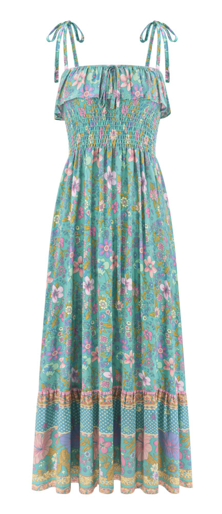 R.Vivimos Summer Boho Floral Dress for Women 2025 Sleeveless Elastic Smocked Empire Waist Casual Flowy Beach Midi Dress