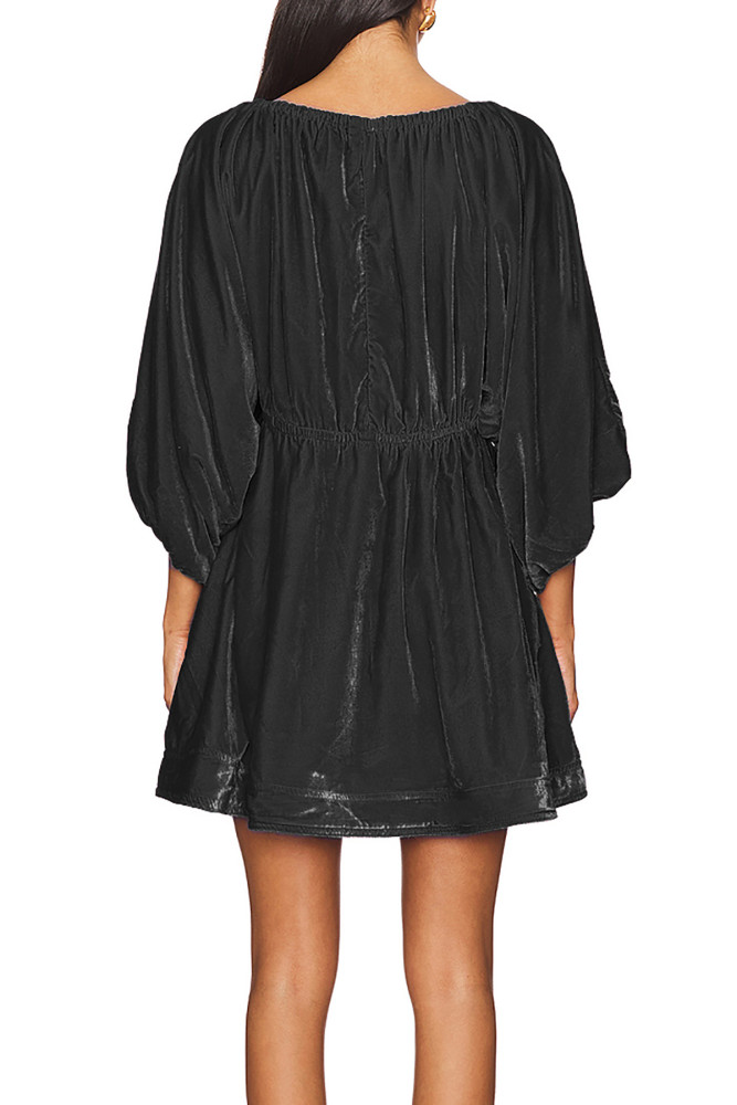 R.Vivimos Womens Fall Velvet Tunic Dress 2024 Trendy Sexy Deep V Neck 3/4 Sleeve Elastic Waist Loose Mini Dress with Pockets