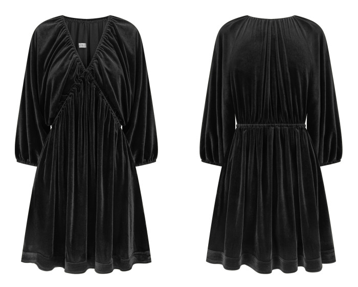 R.Vivimos Womens Fall Velvet Tunic Dress 2024 Trendy Sexy Deep V Neck 3/4 Sleeve Elastic Waist Loose Mini Dress with Pockets