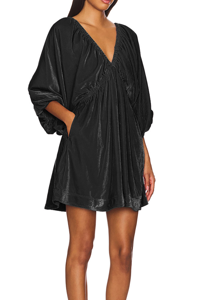 R.Vivimos Womens Fall Velvet Tunic Dress 2024 Trendy Sexy Deep V Neck 3/4 Sleeve Elastic Waist Loose Mini Dress with Pockets