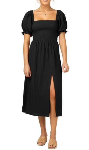 R.Vivimos Summer Dress for Women Cotton Plaid Puff Sleeves Causal Off-Shoulder Boho Side Slit Midi Dress