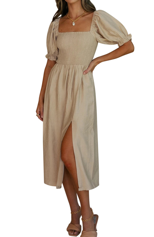 R.Vivimos Summer Dress for Women Cotton Plaid Puff Sleeves Causal Off-Shoulder Boho Side Slit Midi Dress