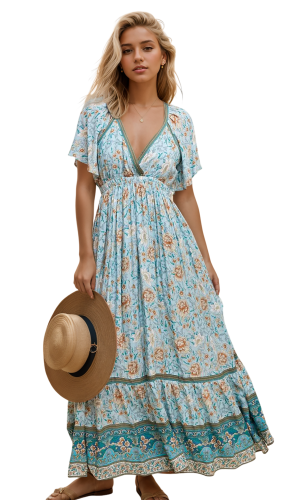 R.Vivimos Women's Summer V Neck Maxi Dress Boho Floral Print Short Sleeve Elastic Waist Ruffle Patchwork A-Line Beach Dress