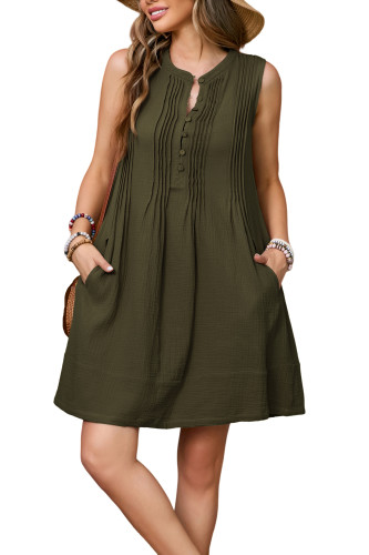 R.Vivimos Sleeveless Cotton Casual Dresses for Women Summer 2025 Button Up Ruched Loose Tunic Mini Dress with Pockets